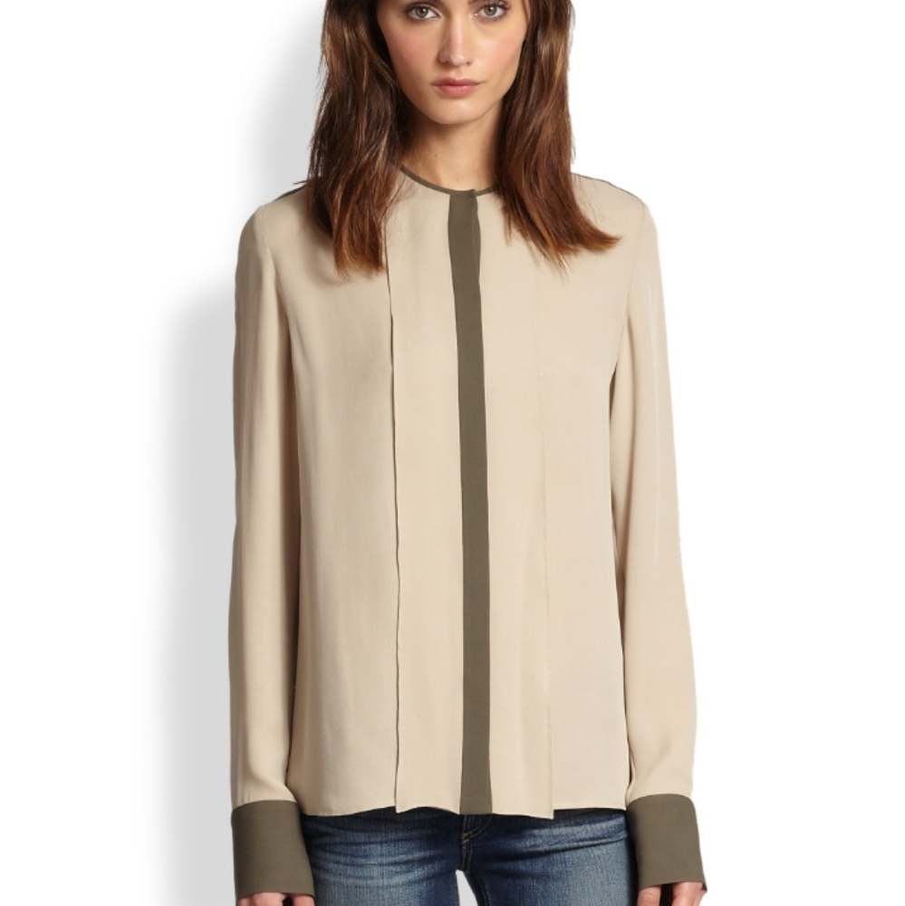 Theory Silk Blouse with Olive Trim
